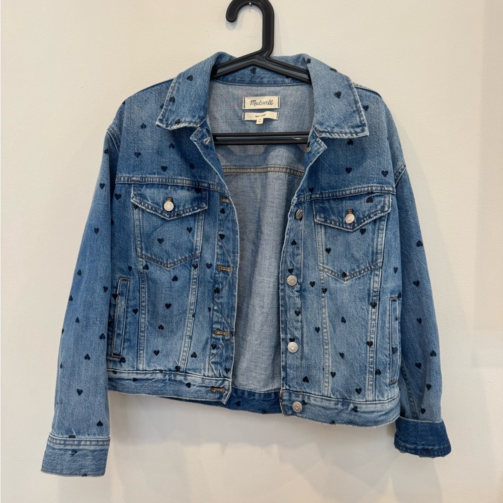 Madewell The Boxy Crop Jean Jacket Heart Print Edition